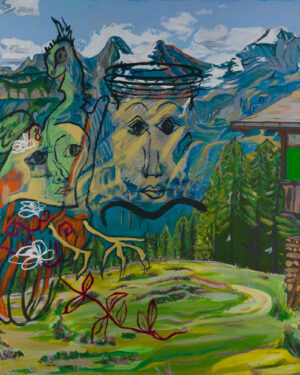 acrylic-gouache contemporary expression peacock mountain overlaid